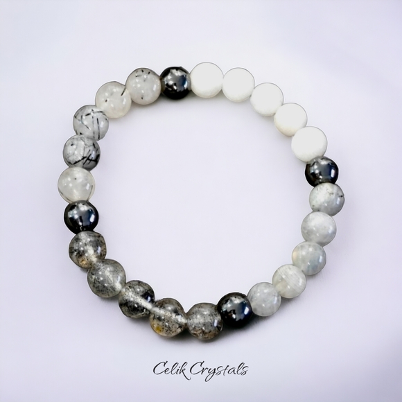Moonstone, Tourmaline Quartz, Labradorite, Black Strawberry Quartz Bracelet 8mm - Picture 2 of 7